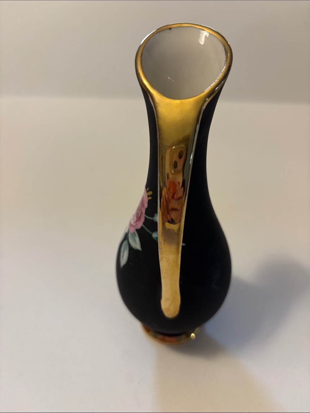 Black Ceramic Pitcher Vase with Pink Floral Motif and Gold Trim - Picture 4 of 6
